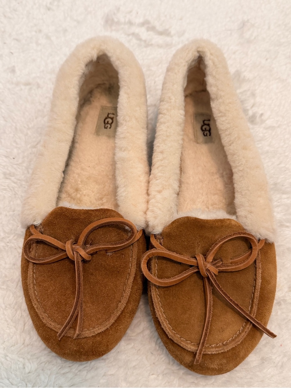 UGG Chestnut Suede Moccasin Slippers with Cream Shearling Trim